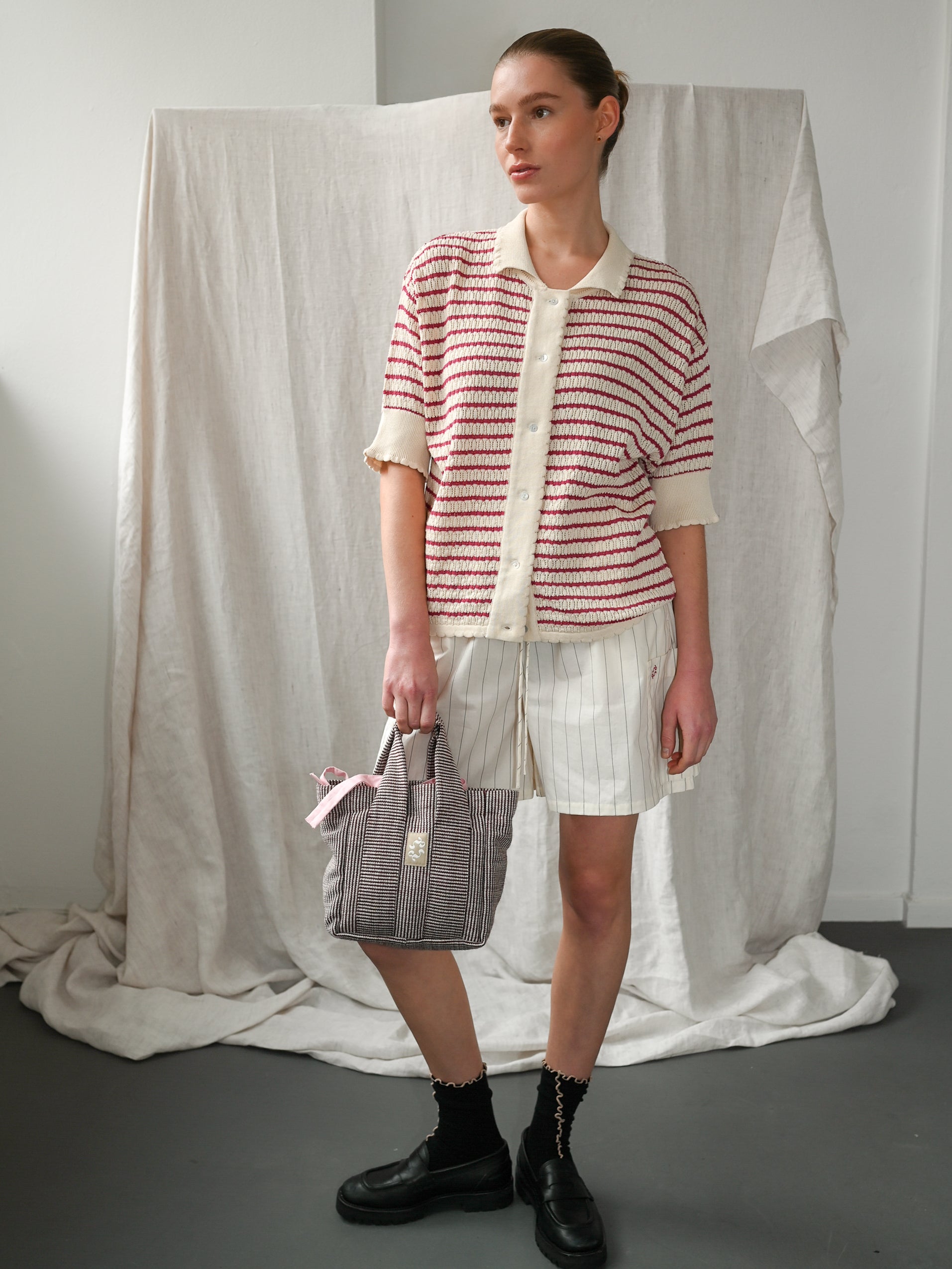 Nuria SS Polo Cardigan - Ecru & Holly Berry