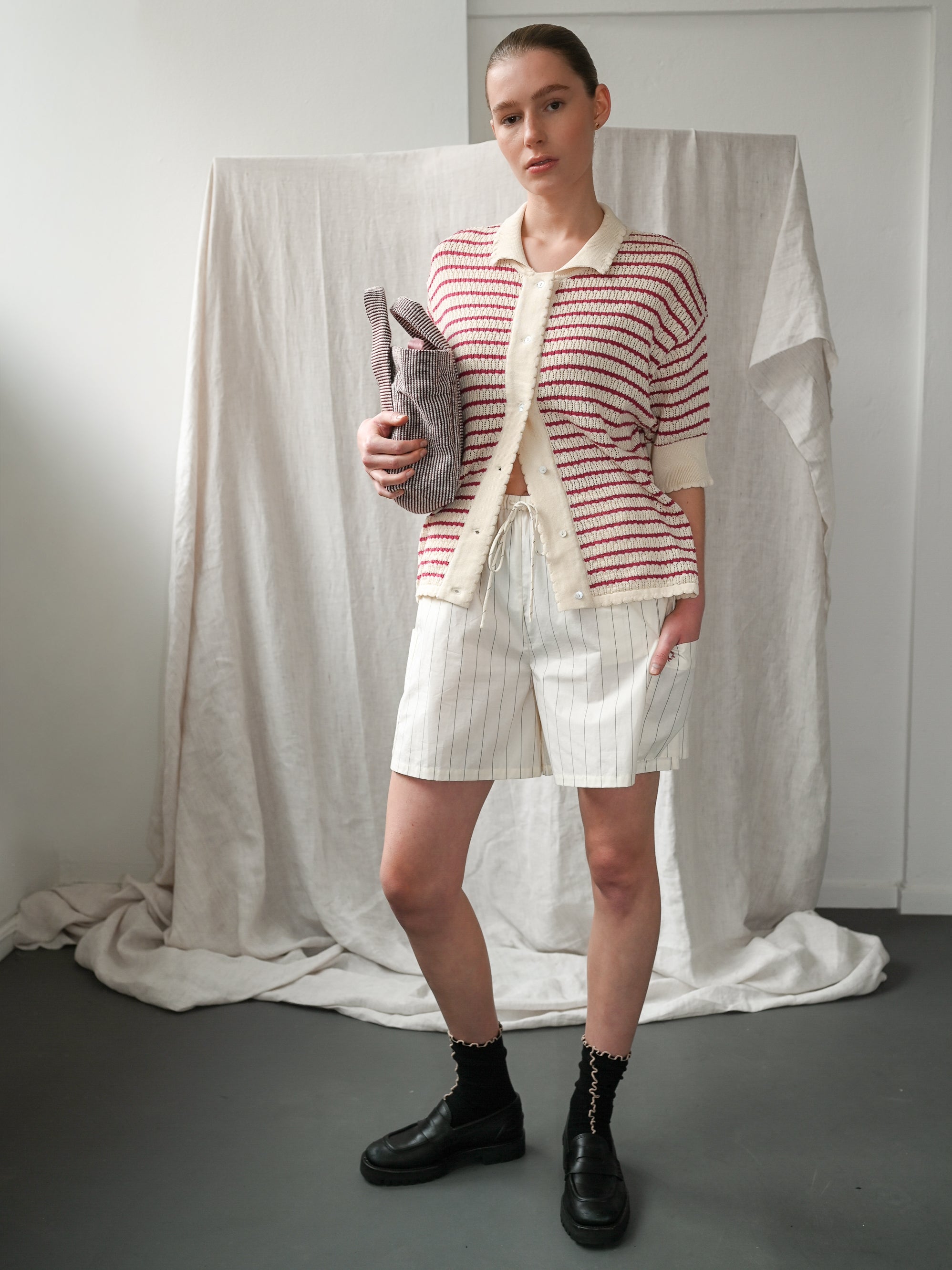 Nuria SS Polo Cardigan - Ecru & Holly Berry