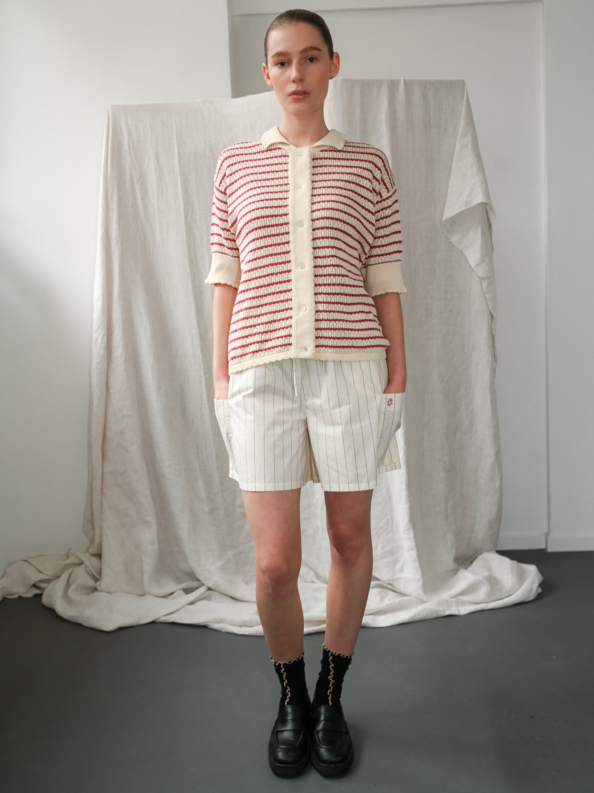 Nuria SS Polo Cardigan - Ecru & Holly Berry