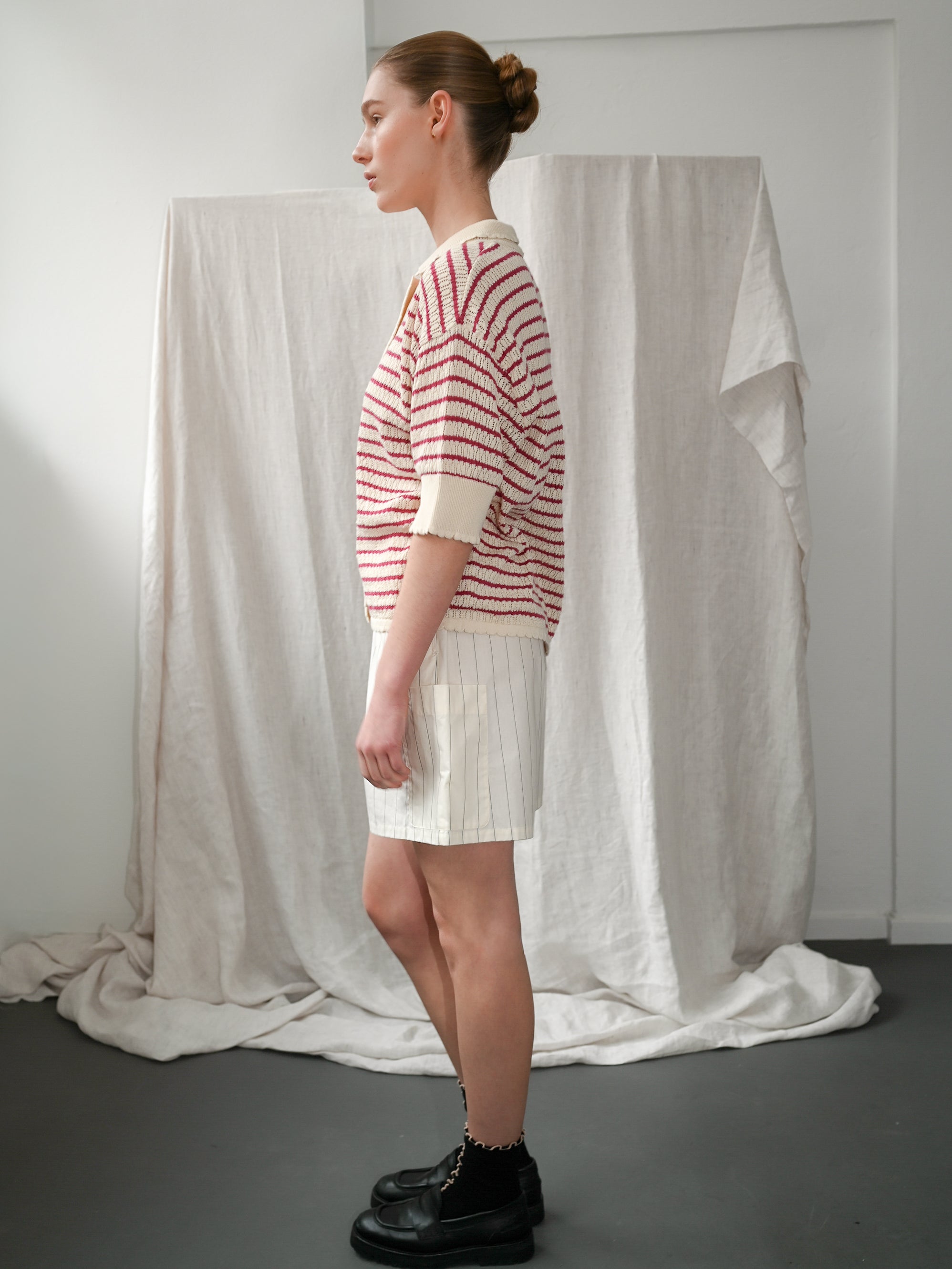 Nuria SS Polo Cardigan - Ecru & Holly Berry