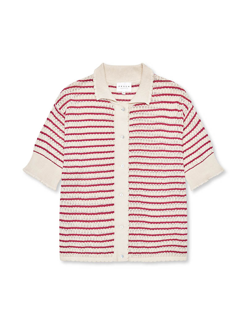 Nuria SS Polo Cardigan - Ecru & Holly Berry
