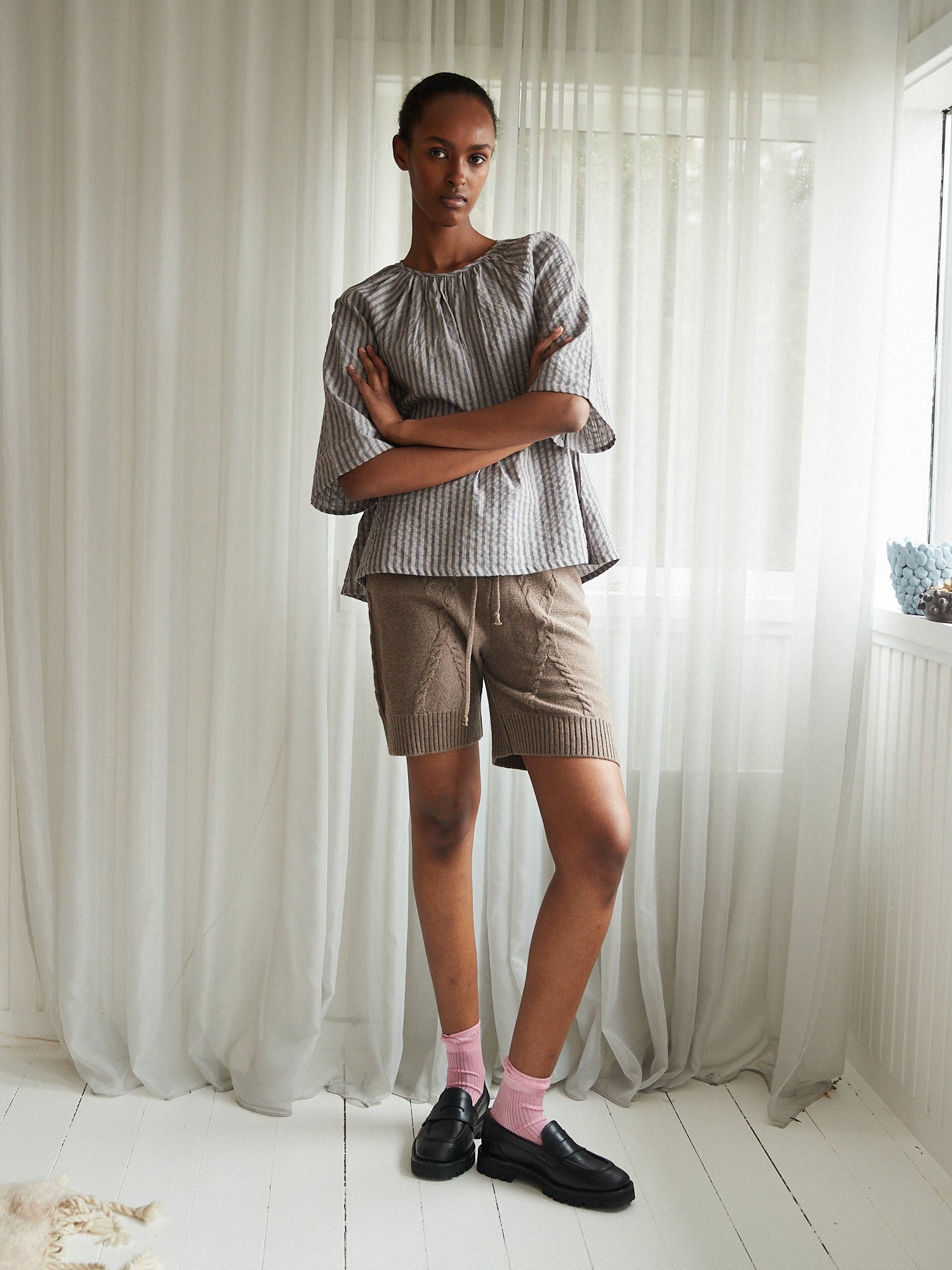 Rakel Dark Camel Cable Knit Shorts - 40%