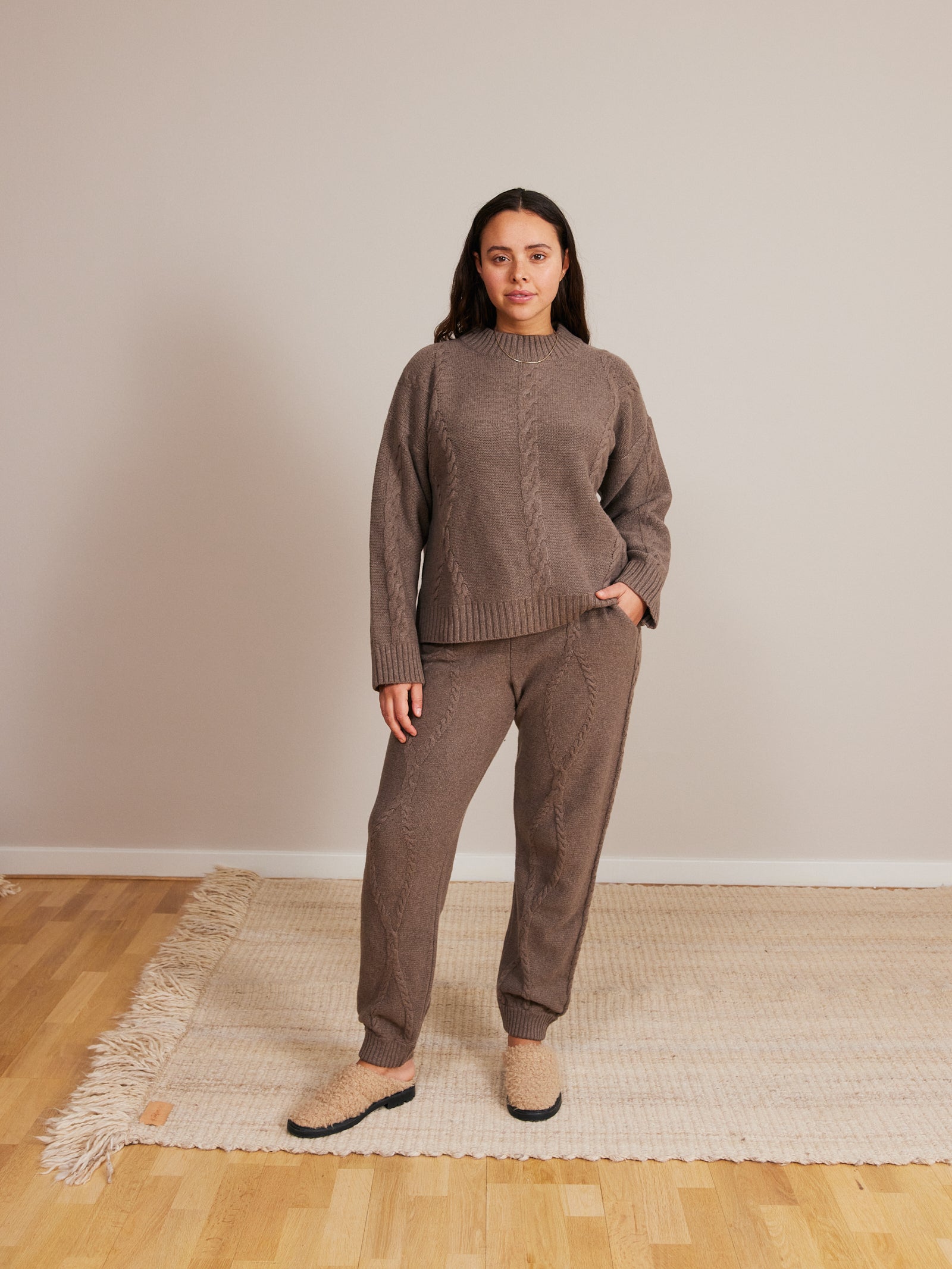 Rakel Dark Camel Melange Cable Knit Trousers