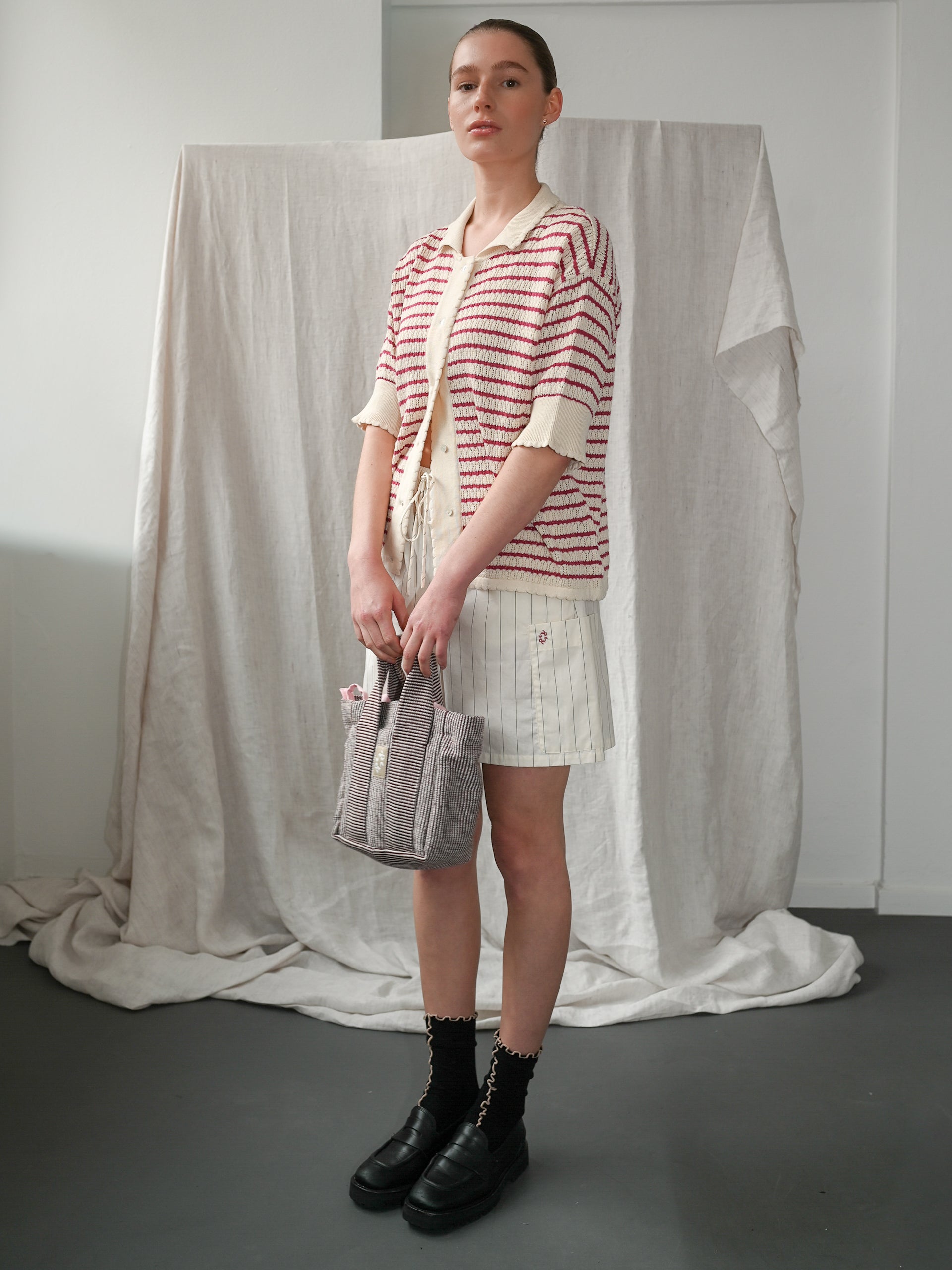 Nuria SS Polo Cardigan - Ecru & Holly Berry