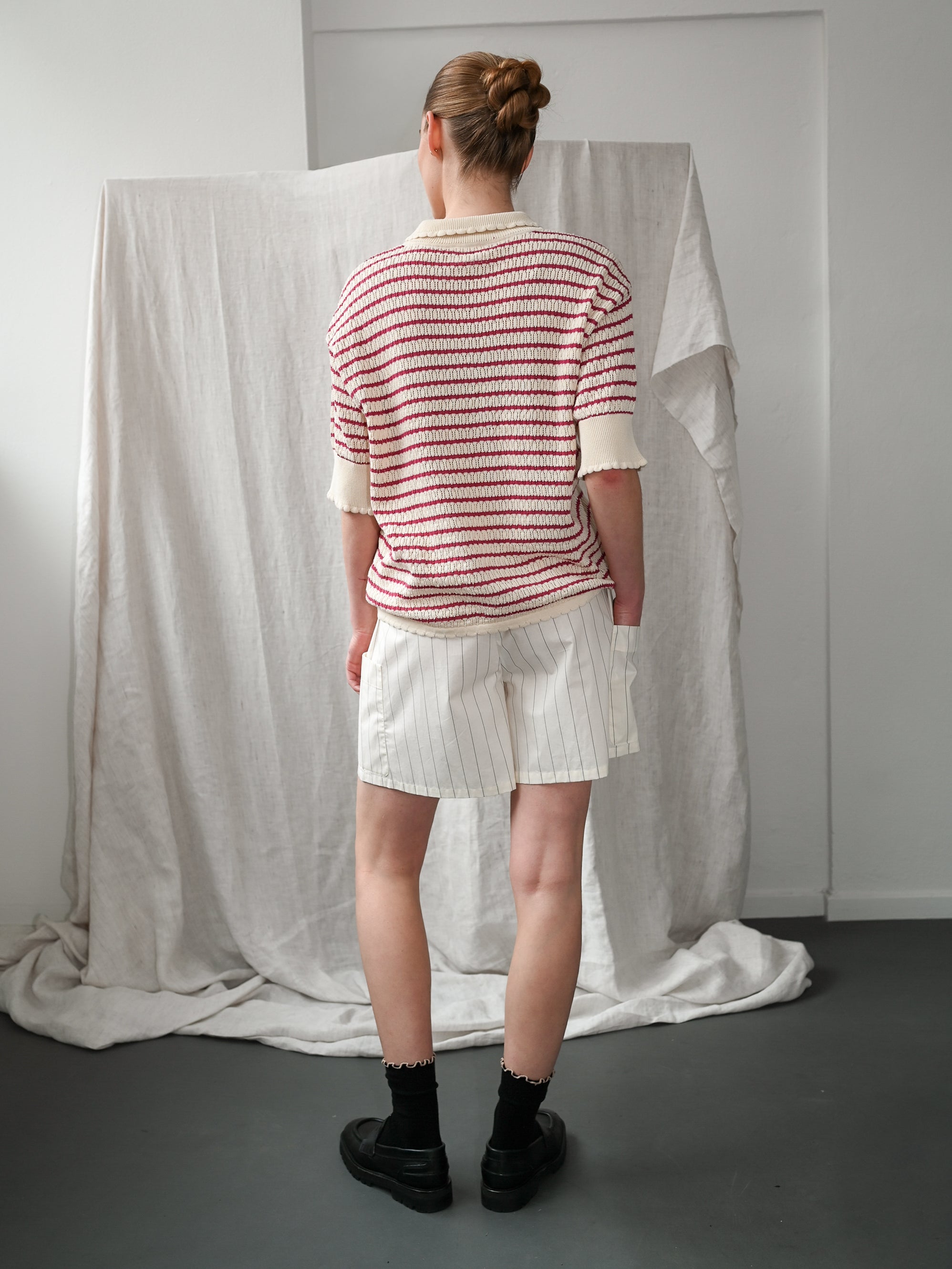 Nuria SS Polo Cardigan - Ecru & Holly Berry