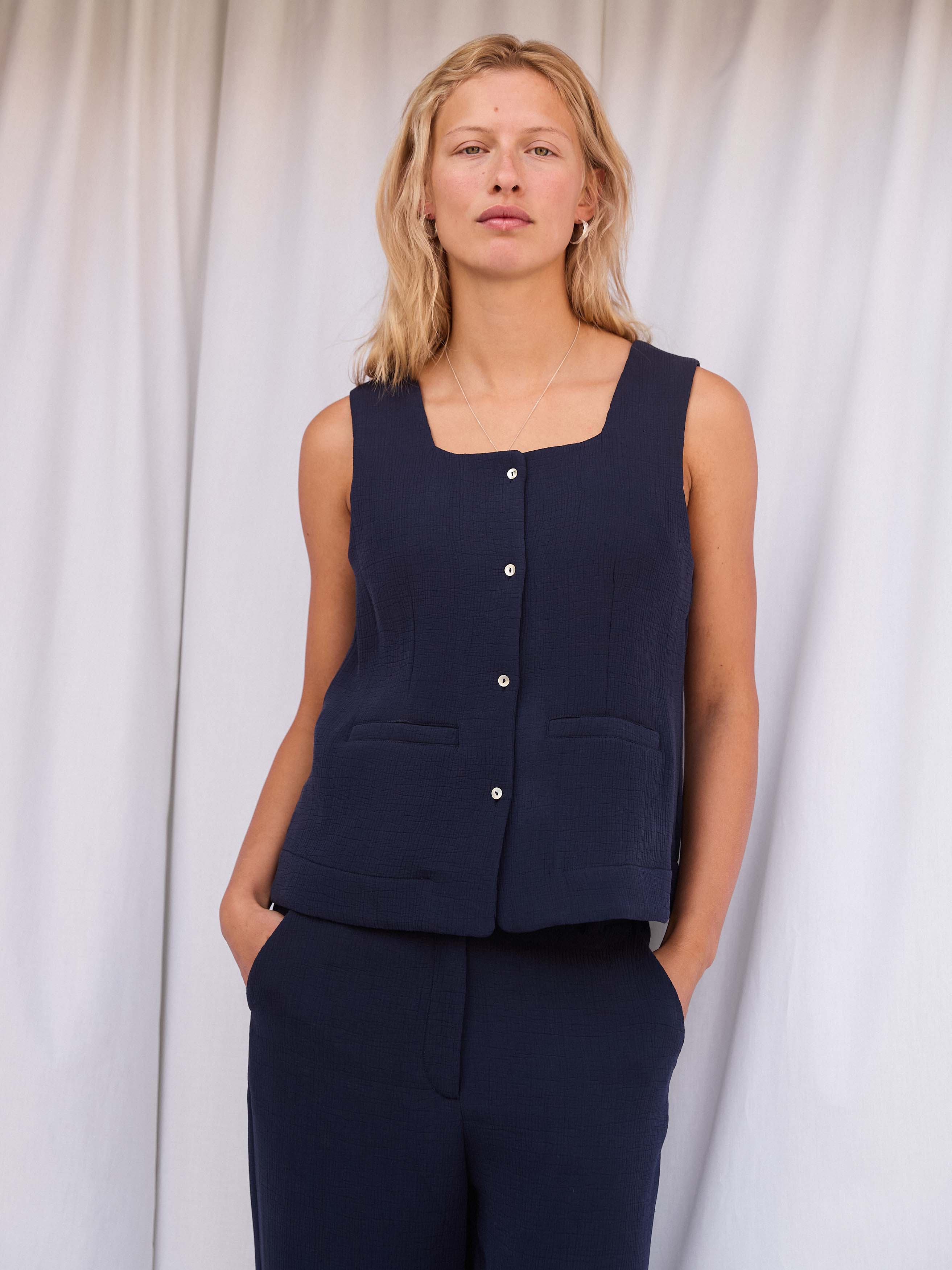 Freja Navy Silk Top