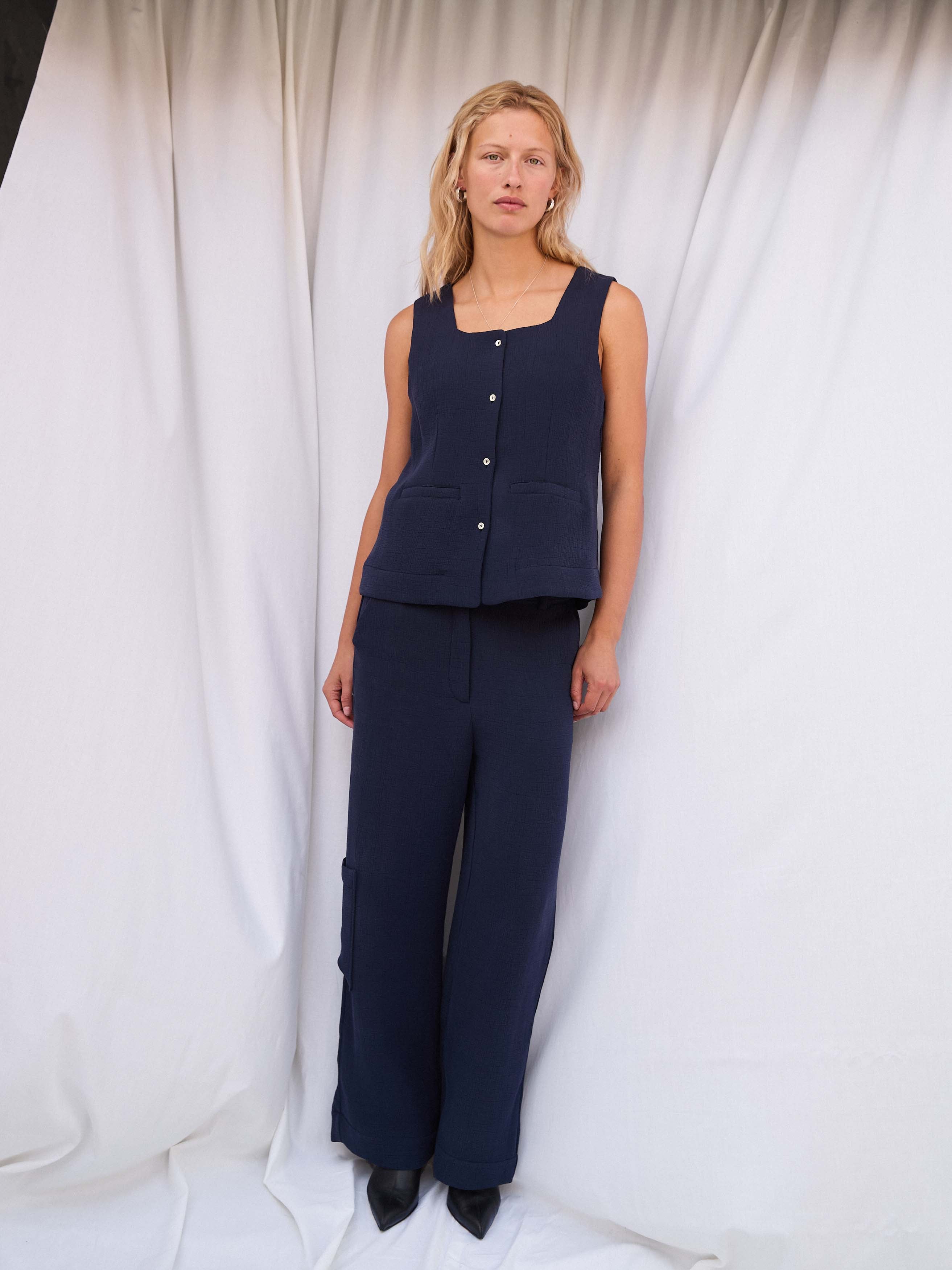 Freja Navy Silk Top